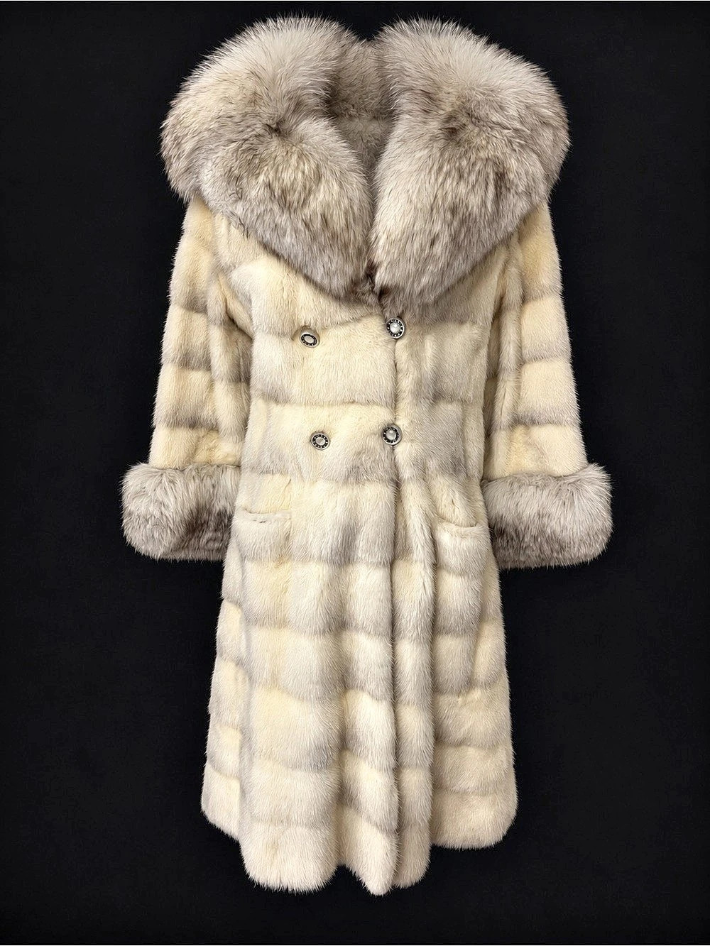 Phil M. Stupp Ivory Mink Coat with Gray Fox Collar & Cuffs Long